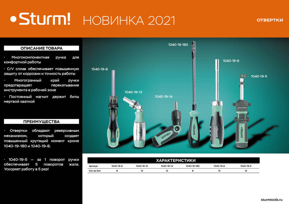 Отвертка-битодержатель 8 в 1, магнитный наконечник, CrV Sturm! - 2